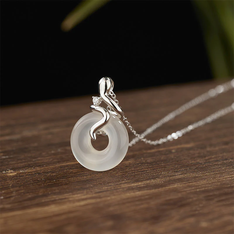 Buddha Stones 925 Sterling Silver Anno del serpente Calcedonio Pace fibbia Collana pendente positivo - Image 4