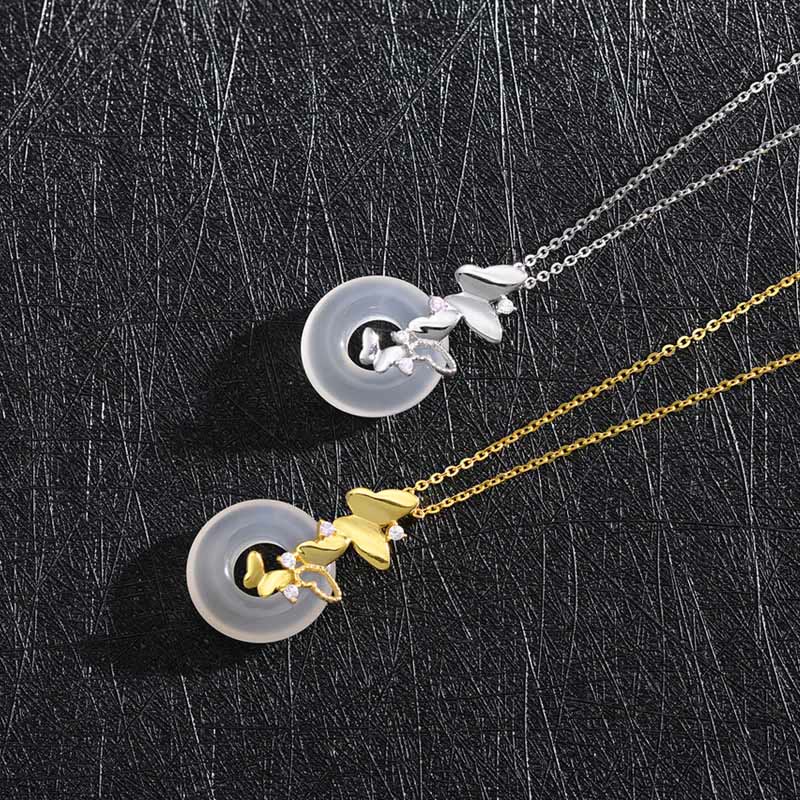 Buddha Stones 925 Sterling Silver Butterfly Calcedonio Pace Fibbia Benedizione Fortuna Collana Pendente - Image 10