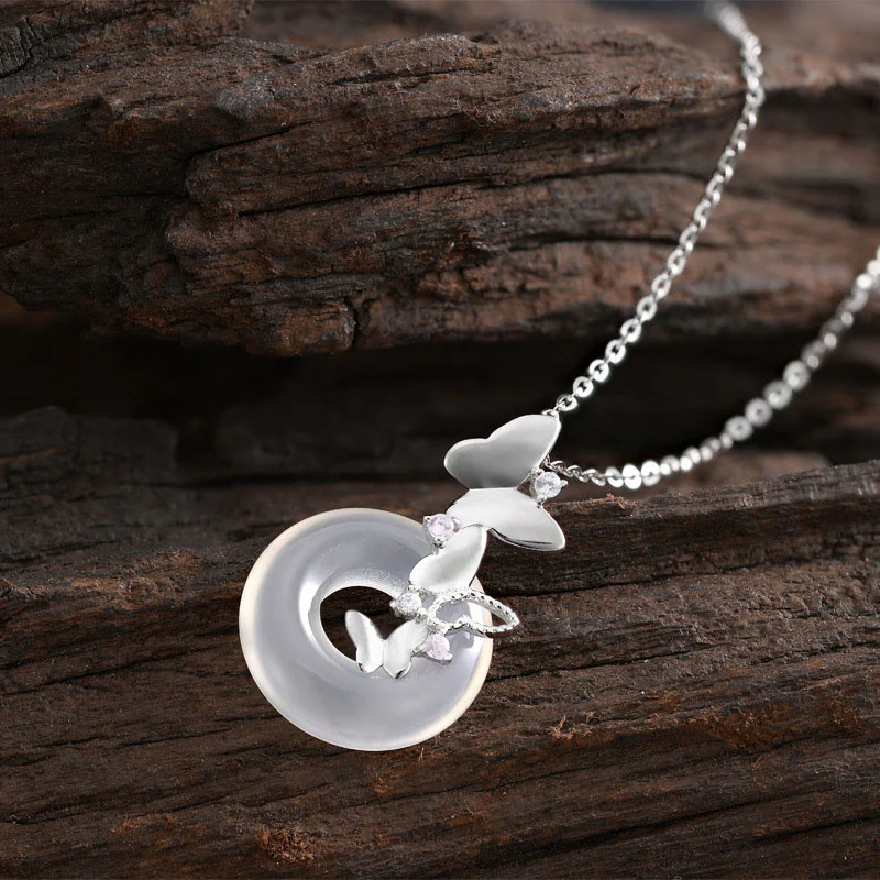 Buddha Stones 925 Sterling Silver Butterfly Calcedonio Pace Fibbia Benedizione Fortuna Collana Pendente - Image 8