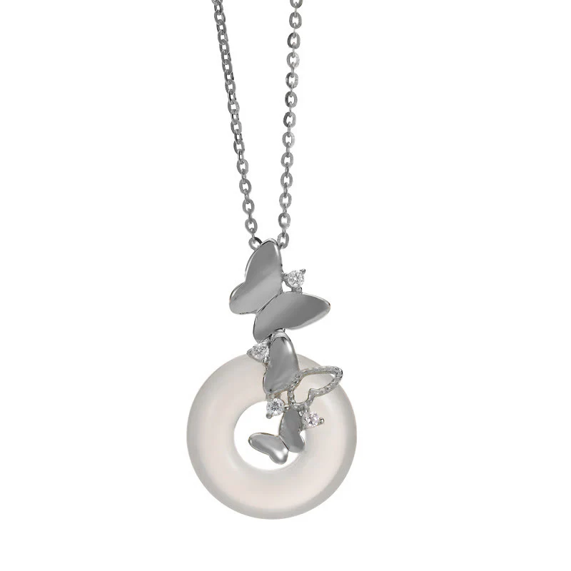 Buddha Stones 925 Sterling Silver Butterfly Calcedonio Pace Fibbia Benedizione Fortuna Collana Pendente - Image 9