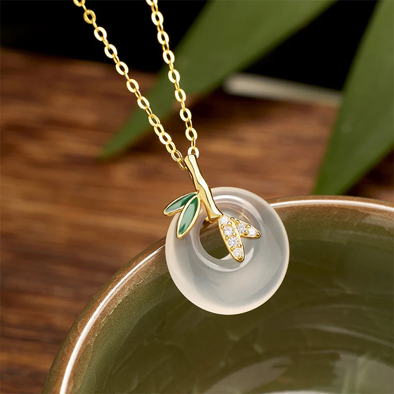 Buddha Stones 925 Sterling Silver Calcedonio Naturale Foglia di Bambù Fibbia della Pace Collana Pendente Positivo - Image 3