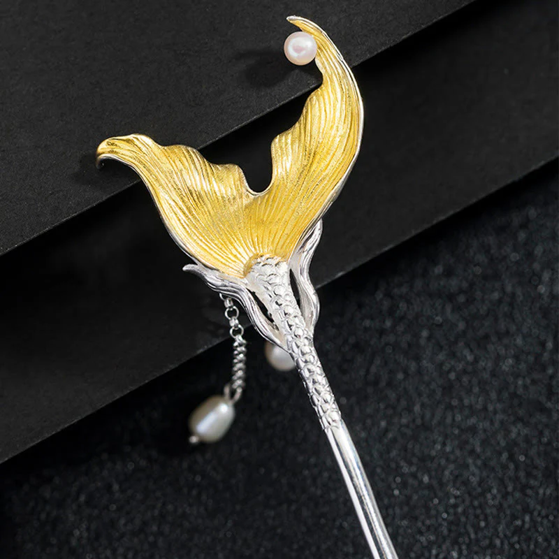 Buddha Stones 925 Sterling Silver Classico Stile Cinese Coda di Pesce Perla Nappa Calma Forcina - Image 3