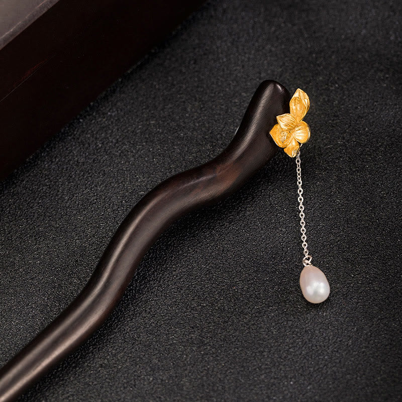 Buddha Stones 925 Sterling Silver Classico Stile Cinese Ebano Fiore di Loto Perla Nappa Benedizione Forcina per Capelli