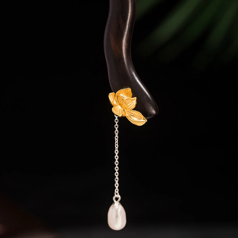 Buddha Stones 925 Sterling Silver Classico Stile Cinese Ebano Fiore di Loto Perla Nappa Benedizione Forcina per Capelli - Image 8