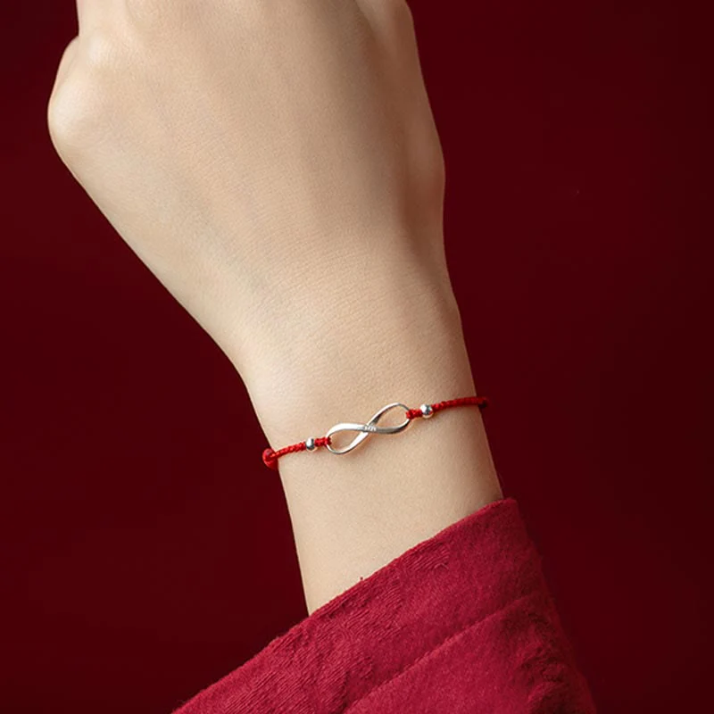 Buddha Stones 925 Sterling Silver Endless Knot Protezione Fortuna Braccialetto Cavigliera Corda Rossa - Image 5