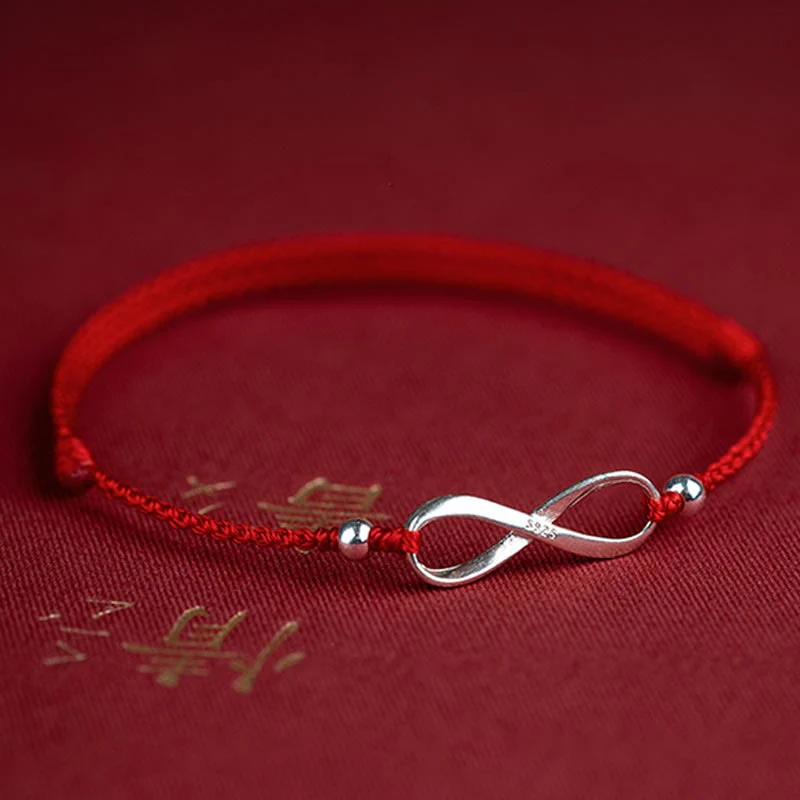 Buddha Stones 925 Sterling Silver Endless Knot Protezione Fortuna Braccialetto Cavigliera Corda Rossa - Image 7