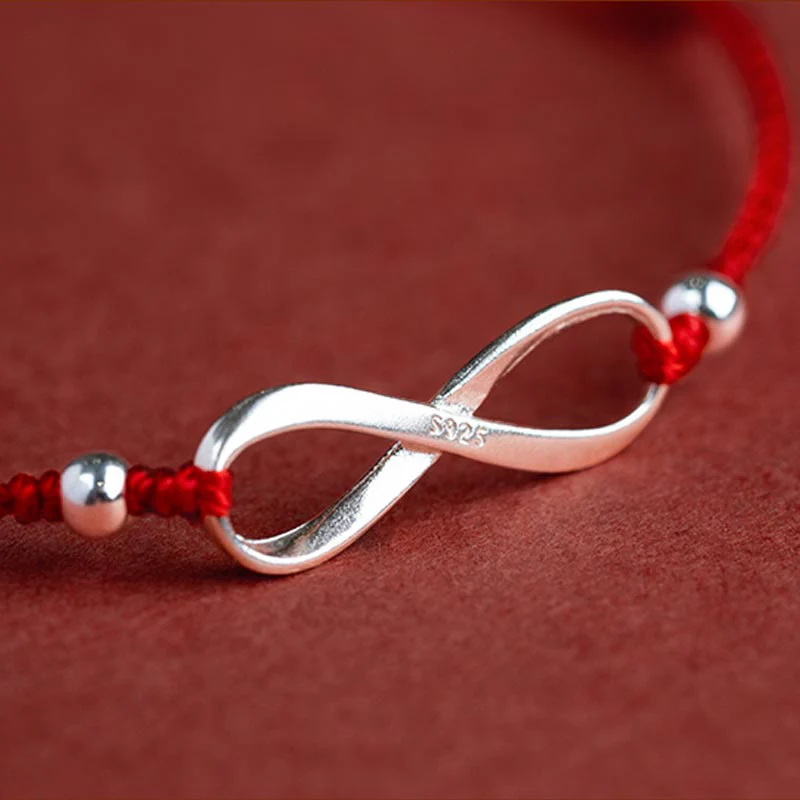 Buddha Stones 925 Sterling Silver Endless Knot Protezione Fortuna Braccialetto Cavigliera Corda Rossa - Image 8