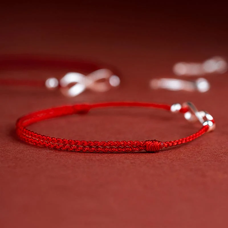 Buddha Stones 925 Sterling Silver Endless Knot Protezione Fortuna Braccialetto Cavigliera Corda Rossa - Image 9