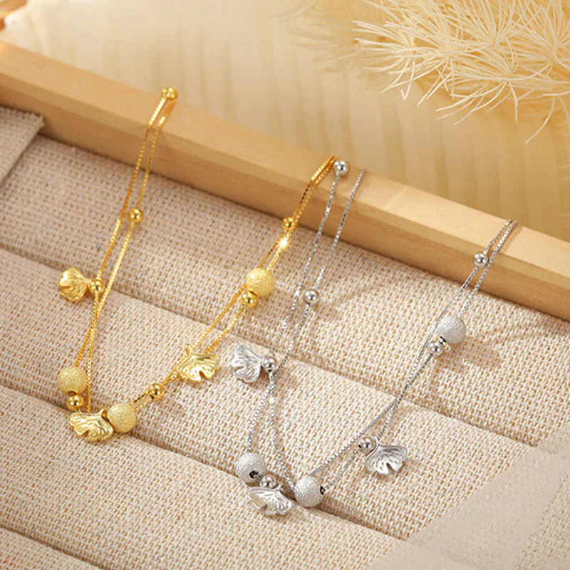 Buddha Stones 925 Sterling Silver Ginkgo Leaf Doppio Strato di Protezione Cavigliera - Image 2