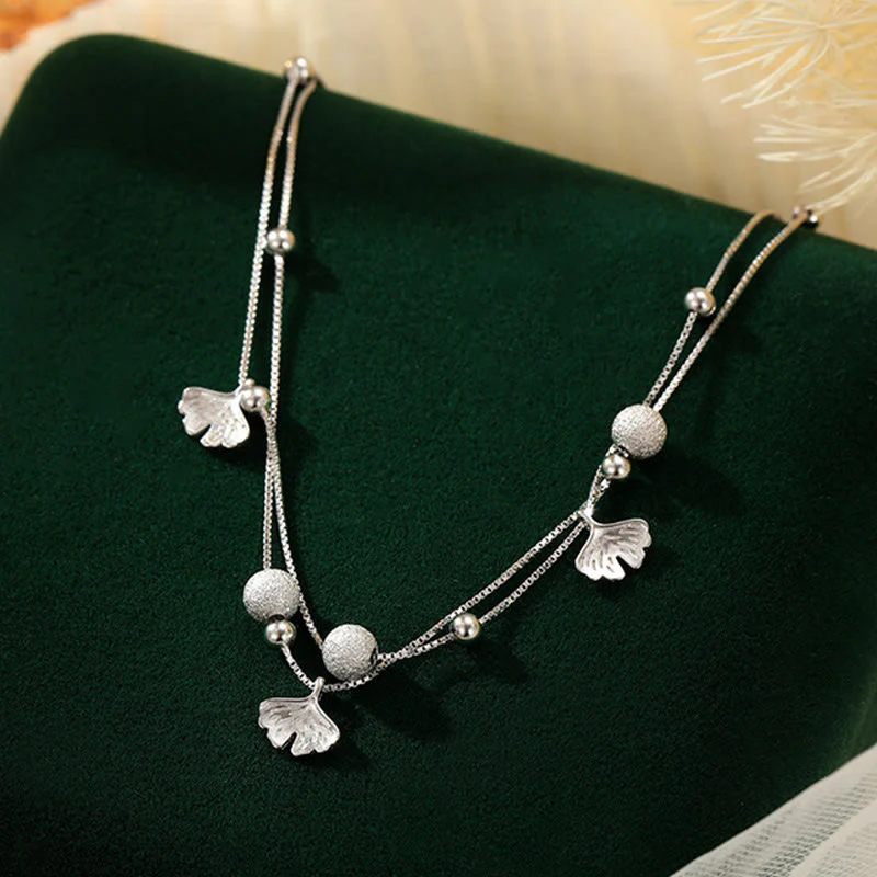 Buddha Stones 925 Sterling Silver Ginkgo Leaf Doppio Strato di Protezione Cavigliera - Image 3