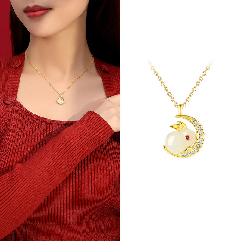 Buddha Stones 925 Sterling Silver Hetian Giada Bianca Coniglio Crescent Moon Luck Collana Pendente - Image 11