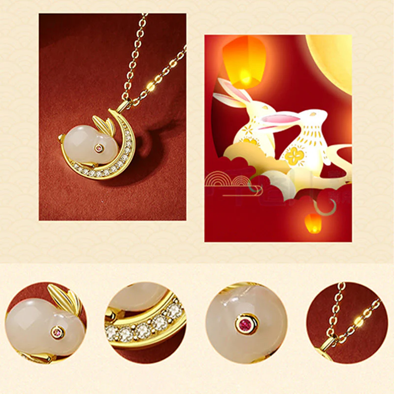 Buddha Stones 925 Sterling Silver Hetian Giada Bianca Coniglio Crescent Moon Luck Collana Pendente - Image 12