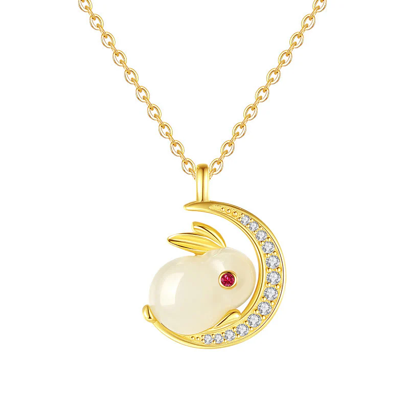Buddha Stones 925 Sterling Silver Hetian Giada Bianca Coniglio Crescent Moon Luck Collana Pendente - Image 13