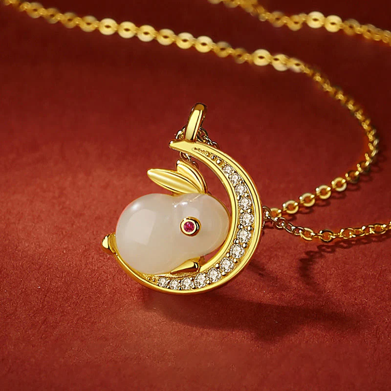 Buddha Stones 925 Sterling Silver Hetian Giada Bianca Coniglio Crescent Moon Luck Collana Pendente - Image 2