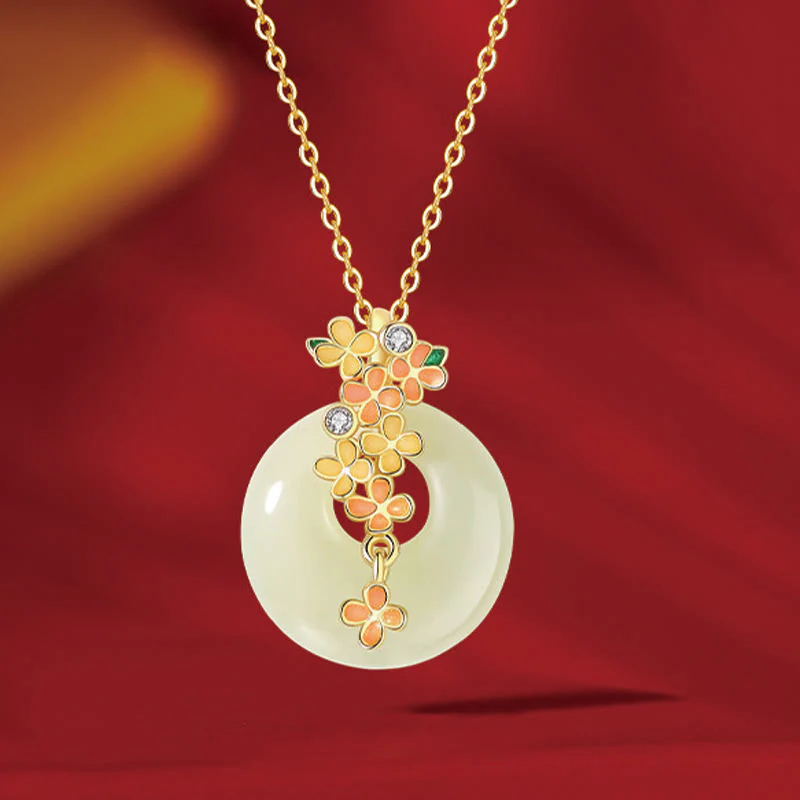 Buddha Stones 925 Sterling Silver Hetian naturale giada osmanto fiori fibbia della pace zircone fortuna braccialetto collana pendente - Image 13
