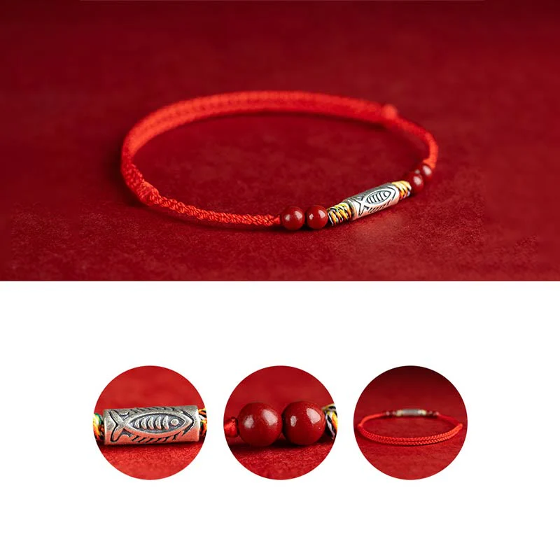 Buddha Stones 925 Sterling Silver Koi Fish Cinnabar Bead Wealth Braccialetto intrecciato artigianale Cavigliera - Image 12