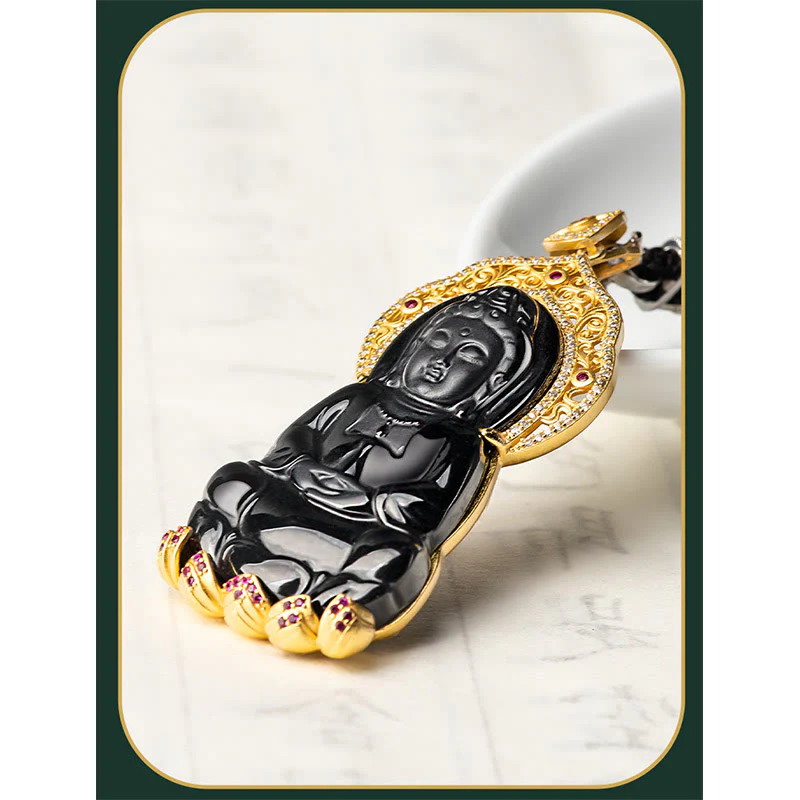 Collana con ciondolo in acciaio al titanio Buddha Stones in giada nera naturale Kwan Yin Avalokitesvara Wealth - Image 7