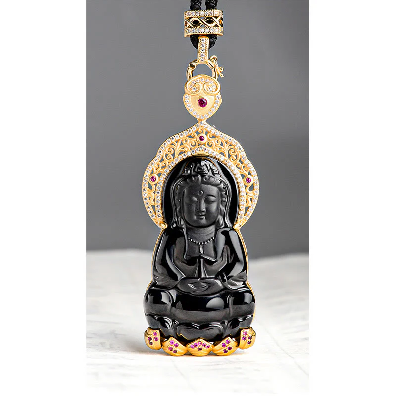 Collana con ciondolo in acciaio al titanio Buddha Stones in giada nera naturale Kwan Yin Avalokitesvara Wealth - Image 8