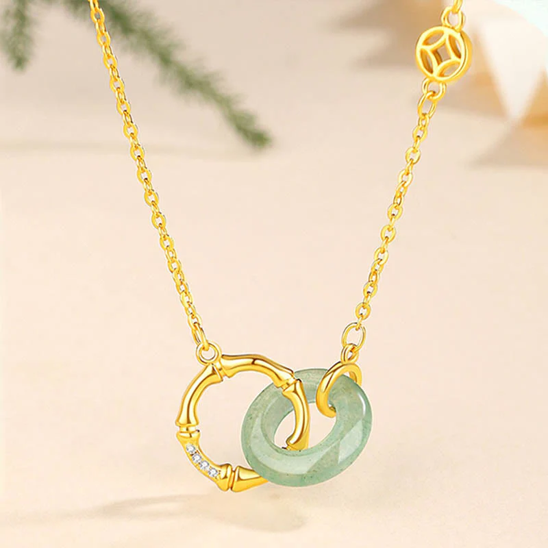 Buddha Stones 925 Sterling Silver Natural Green Aventurina Peace Buckle Bamboo Coin Prosperity Necklace Pendant