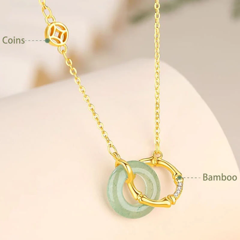 Buddha Stones 925 Sterling Silver Natural Green Aventurina Peace Buckle Bamboo Coin Prosperity Necklace Pendant - Image 4
