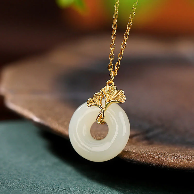 Buddha Stones 925 Sterling Silver Natural Hetian Jade Ginkgo Leaf Peace Buckle Luck Necklace Pendant - Image 3