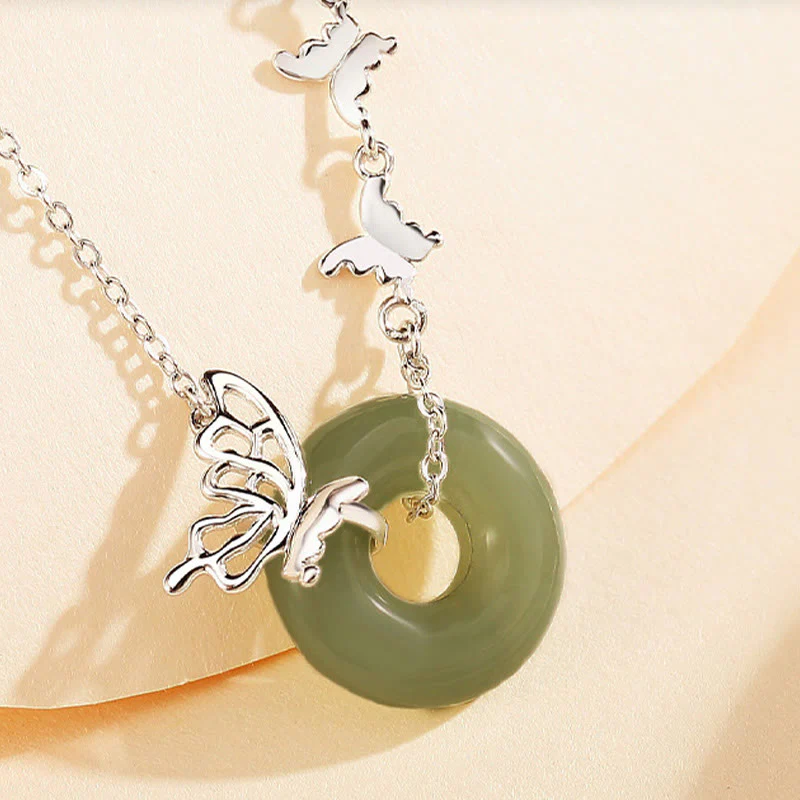 Buddha Stones 925 Sterling Silver Natural Hetian Jade Peace Buckle Butterfly Luck Prosperity Bracciale Collana Pendente - Image 2