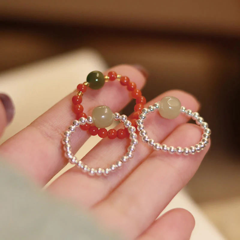 Buddha Stones 925 Sterling Silver Natural Small Hetian Jade Red Agate Pearl Bead Anello elastico della prosperità - Image 10