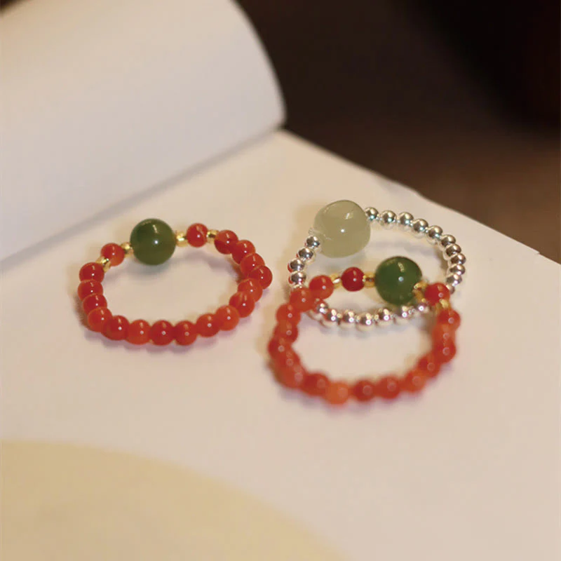 Buddha Stones 925 Sterling Silver Natural Small Hetian Jade Red Agate Pearl Bead Anello elastico della prosperità - Image 12