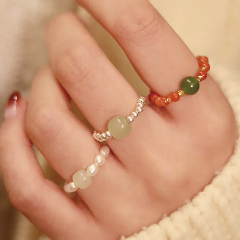 Buddha Stones 925 Sterling Silver Natural Small Hetian Jade Red Agate Pearl Bead Anello elastico della prosperità - Image 13