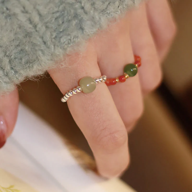 Buddha Stones 925 Sterling Silver Natural Small Hetian Jade Red Agate Pearl Bead Anello elastico della prosperità - Image 4