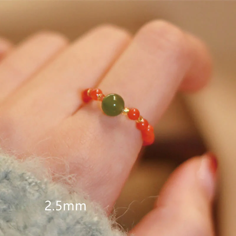 Buddha Stones 925 Sterling Silver Natural Small Hetian Jade Red Agate Pearl Bead Anello elastico della prosperità - Image 7