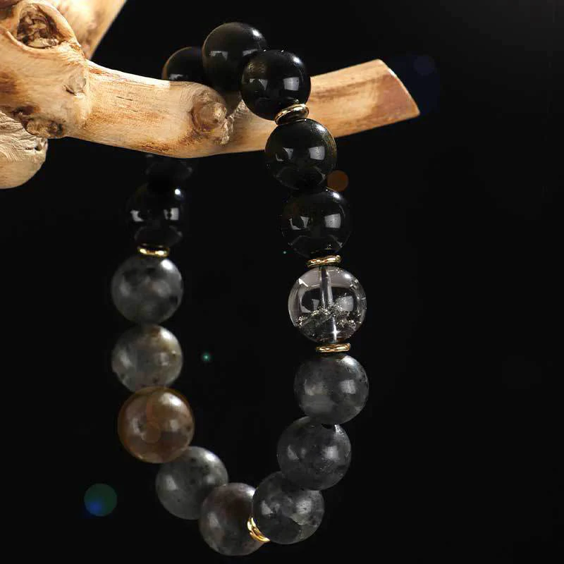 Buddha Stones 925 Sterling Silver Onice Nero Oro Lucente Ossidiana Roccia Lavica Occhio di Tigre Sei Vere Parole Bracciale Protezione Ricchezza - Image 3