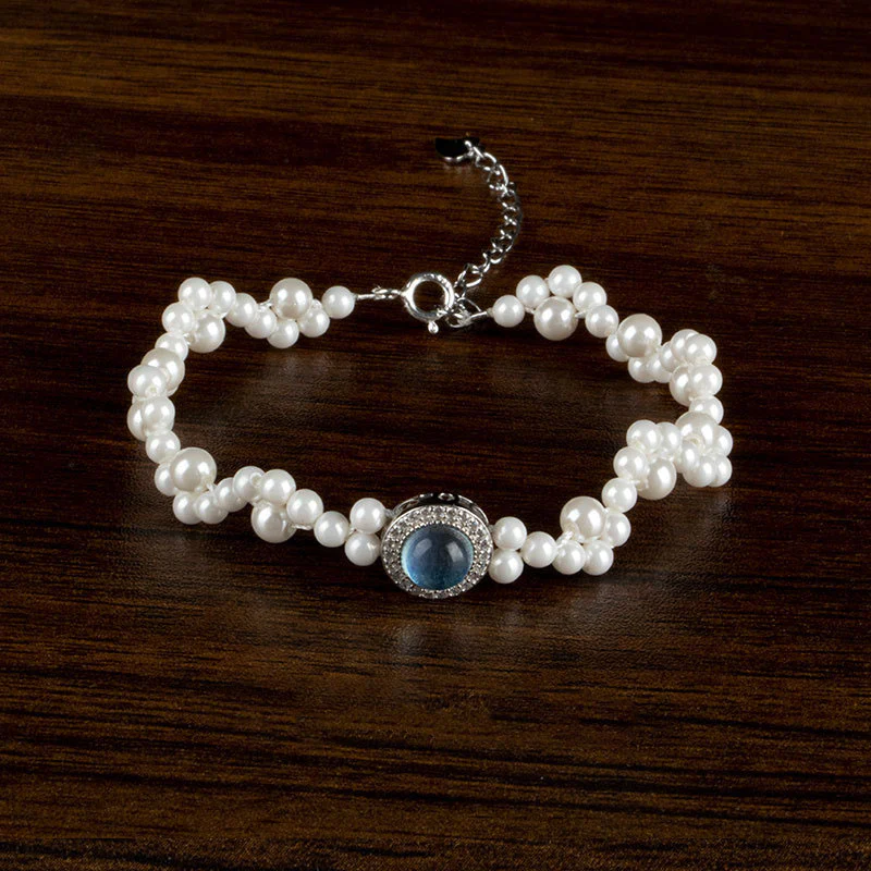 Buddha Stones 925 Sterling Silver Perla Calcedonio Blu Guarigione Catena Bracciale Anello - Image 4