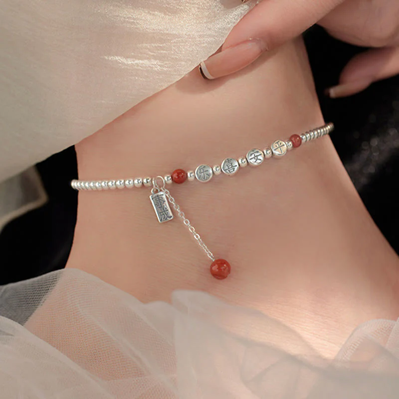 Buddha Stones 925 Sterling Silver Piccole Perle Agata Rossa Pace E Gioia Benedizione Cavigliera - Image 5