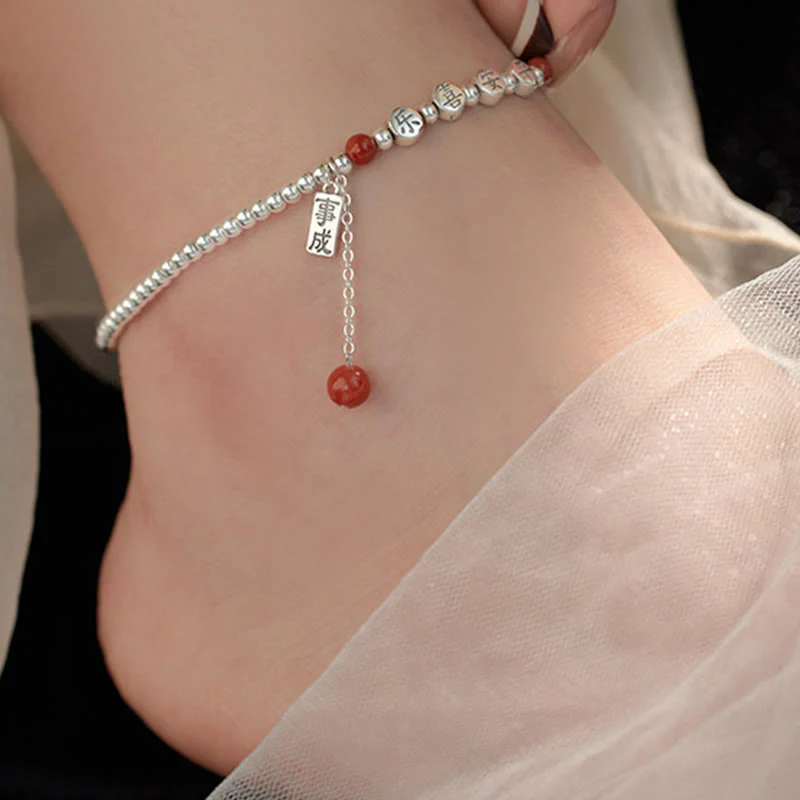 Buddha Stones 925 Sterling Silver Piccole Perle Agata Rossa Pace E Gioia Benedizione Cavigliera - Image 7