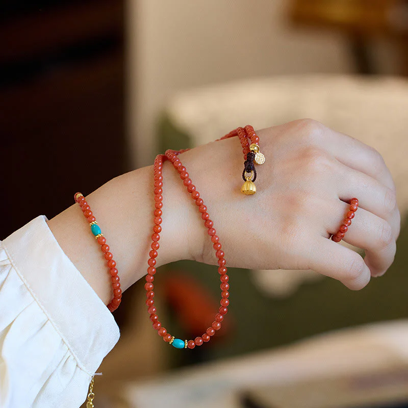 Buddha Stones 925 Sterling Silver Placcato Oro Naturale Agata Rossa Turchese Fiducia Bracciale Collana Ciondolo Anello Set - Image 2