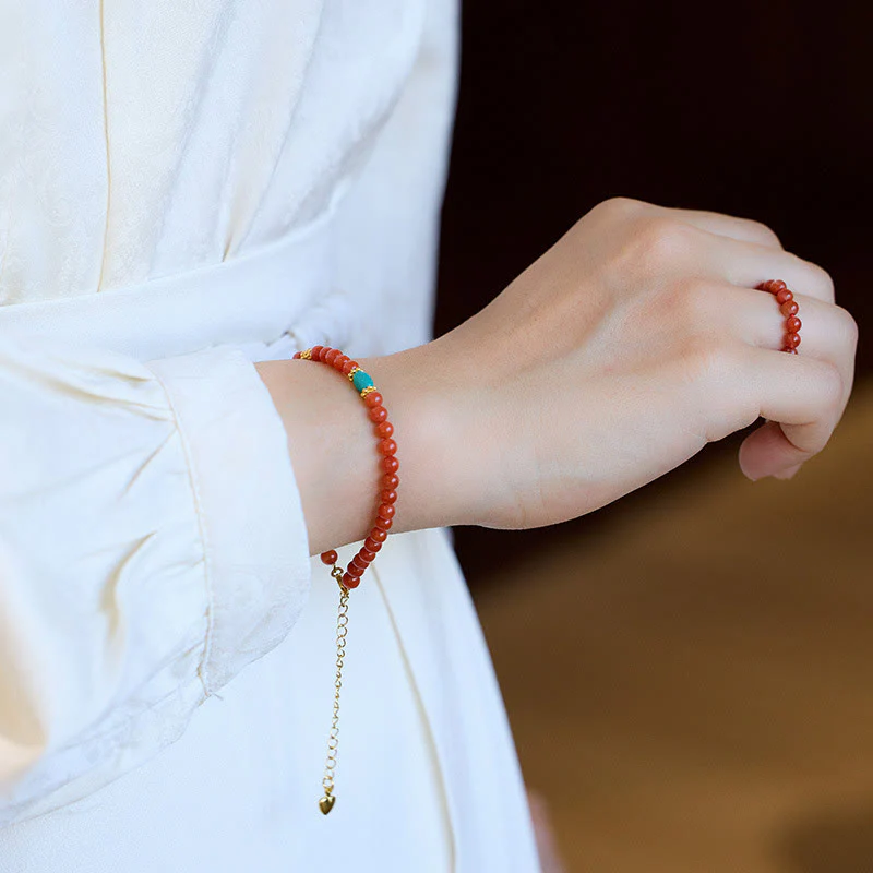 Buddha Stones 925 Sterling Silver Placcato Oro Naturale Agata Rossa Turchese Fiducia Bracciale Collana Ciondolo Anello Set - Image 3