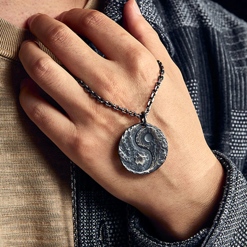 Buddha Stones 990 Sterling Silver Yin Yang Hammer Texture Collana con ciondolo Armonia - Image 11