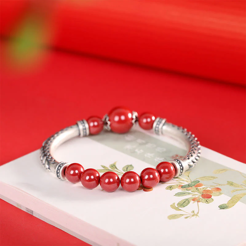 Buddha Stones 999 Sterling Silver Cinnabar Wheat Spighe Benedizione Bracciale Bangle - Image 3