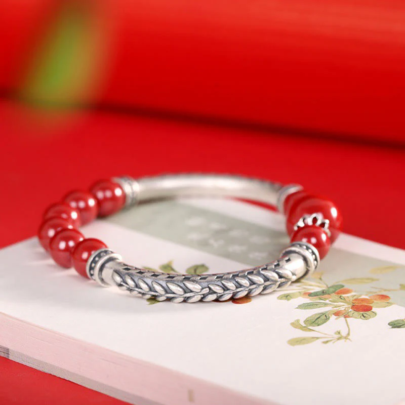 Buddha Stones 999 Sterling Silver Cinnabar Wheat Spighe Benedizione Bracciale Bangle - Image 4