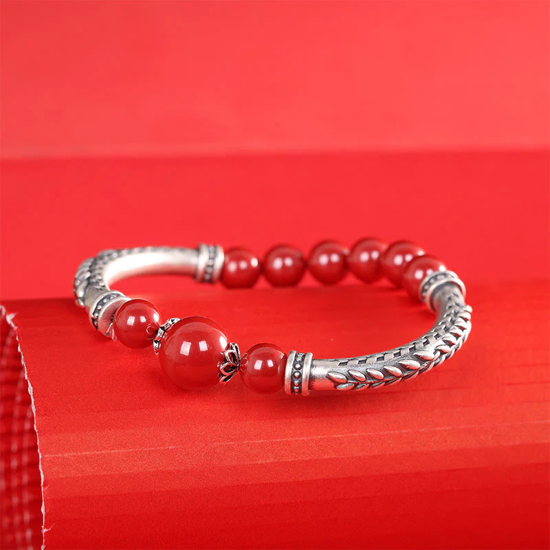 Buddha Stones 999 Sterling Silver Cinnabar Wheat Spighe Benedizione Bracciale Bangle - Image 5