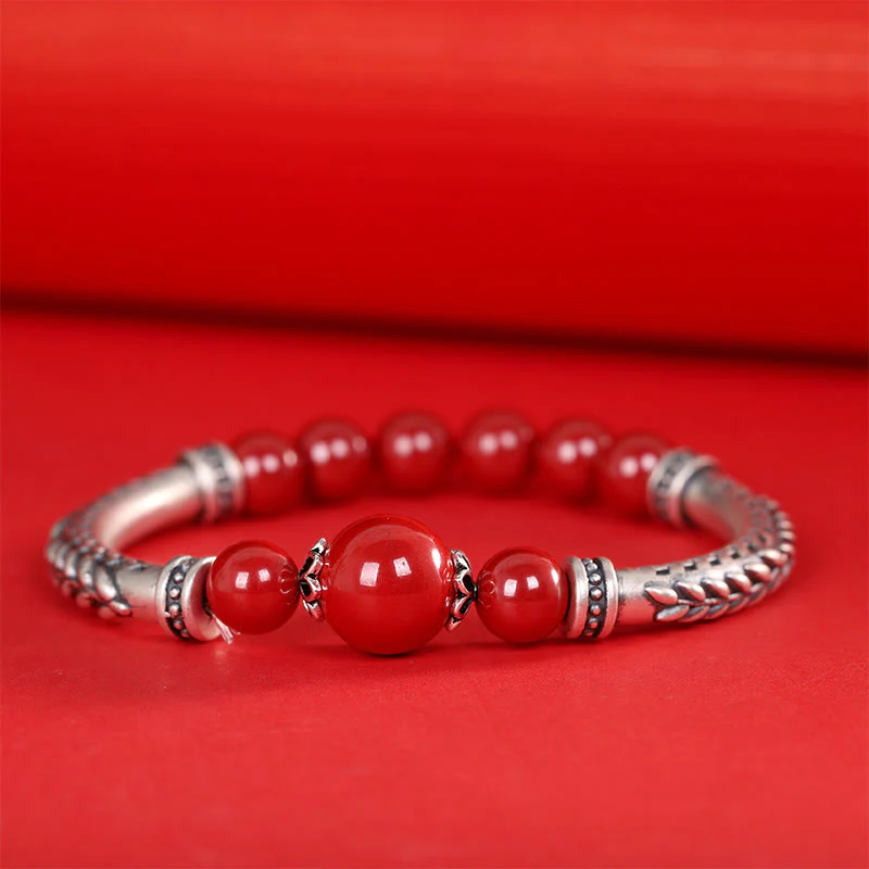 Buddha Stones 999 Sterling Silver Cinnabar Wheat Spighe Benedizione Bracciale Bangle - Image 6
