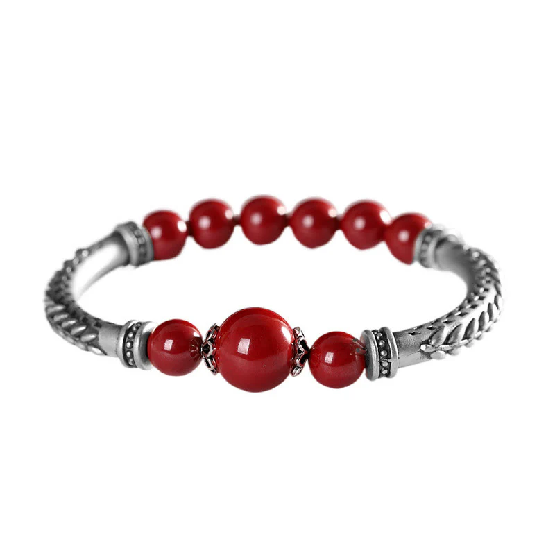 Buddha Stones 999 Sterling Silver Cinnabar Wheat Spighe Benedizione Bracciale Bangle - Image 7