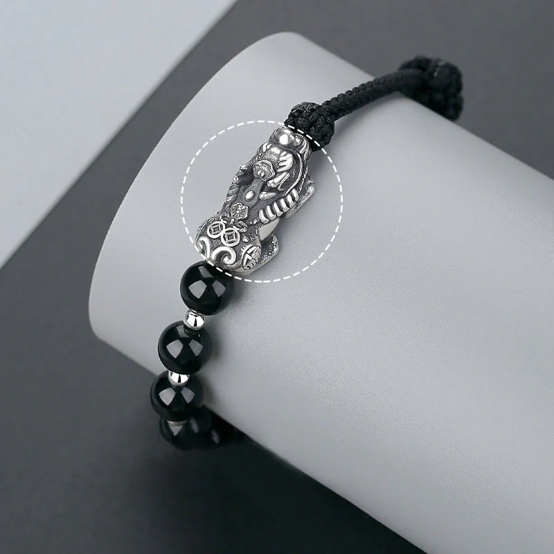 Buddha Stones 999 Sterling Silver FengShui PiXiu Ossidiana nera naturale 925 Sterling Silver Bead Strength Bracciale - Image 4