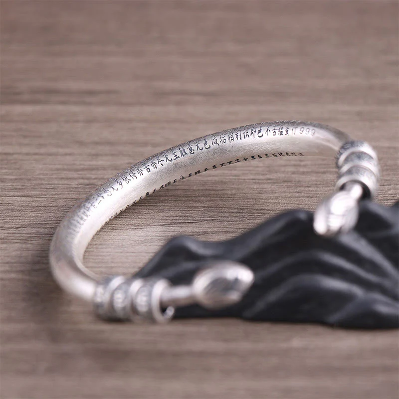 Buddha Stones 999 Sterling Silver Heart Sutra Om Mani Padme Hum Inciso Peace Purezza Bracciale Bangle - Image 4