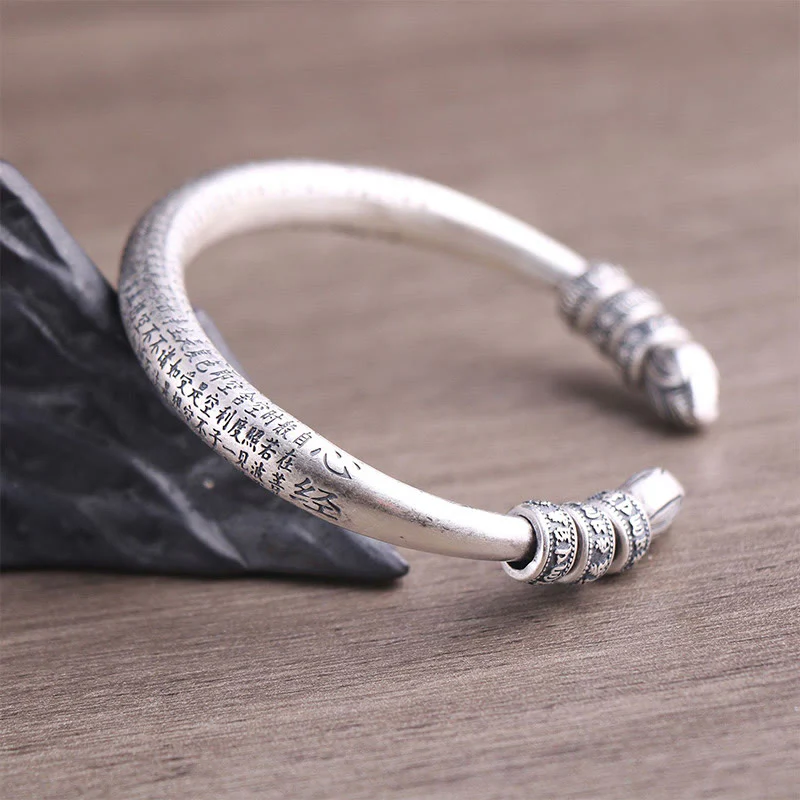Buddha Stones 999 Sterling Silver Heart Sutra Om Mani Padme Hum Inciso Peace Purezza Bracciale Bangle - Image 5