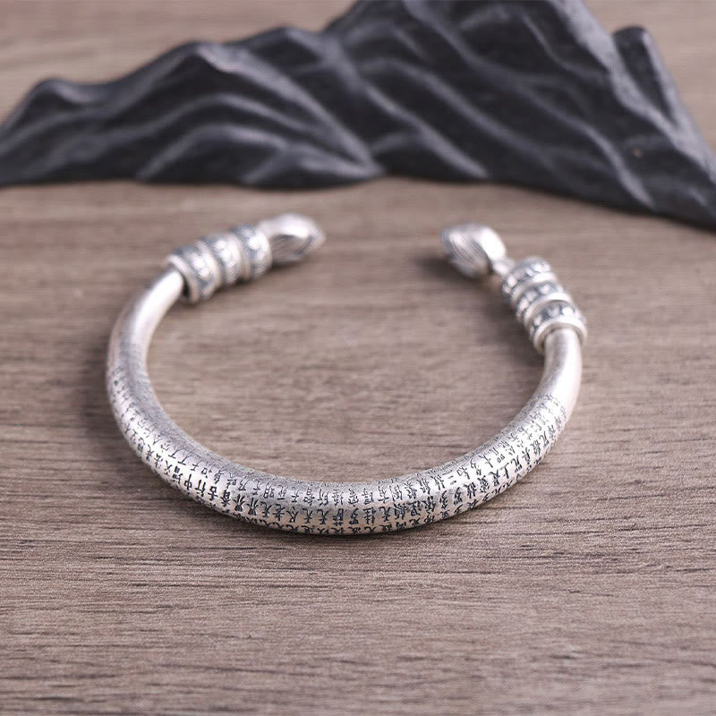 Buddha Stones 999 Sterling Silver Heart Sutra Om Mani Padme Hum Inciso Peace Purezza Bracciale Bangle - Image 7