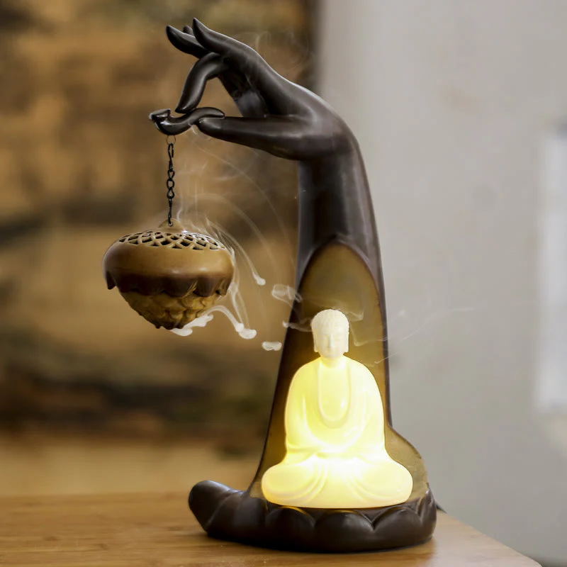 Buddha Stones a LED Buddha Hand Backflow Fumo Fontana Guarigione Bastoncino di Ceramica Bruciatore di Incenso Decorazione - Image 2