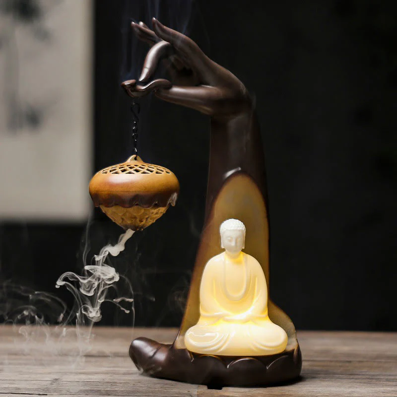 Buddha Stones a LED Buddha Hand Backflow Fumo Fontana Guarigione Bastoncino di Ceramica Bruciatore di Incenso Decorazione - Image 3
