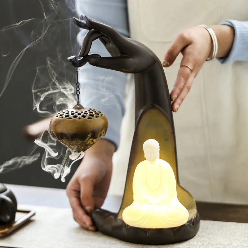 Buddha Stones a LED Buddha Hand Backflow Fumo Fontana Guarigione Bastoncino di Ceramica Bruciatore di Incenso Decorazione - Image 4
